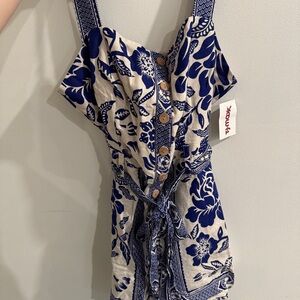 Blue and White Floral Button-Down ROMPER